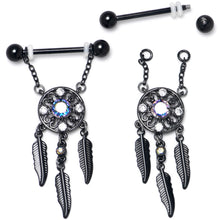 Load image into Gallery viewer, 14G 9/16 Aurora CZ Gem Black Dreamcatcher Dangle Nipple Ring Set