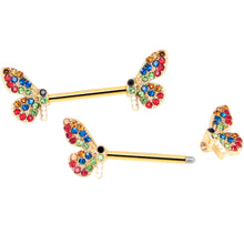 Load image into Gallery viewer, 14G 9/16 Red Blue Gem Gold Tone Butterfly Barbell Nipple Ring Set