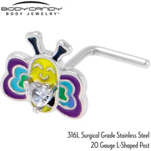 Load image into Gallery viewer, 20G 7mm Clear CZ Gem Butterfly Love Bug L Shape Nose Ring