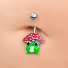 Load image into Gallery viewer, Clear Gem Happy Mushroom Red Green Belly Ring