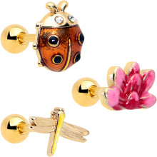Load image into Gallery viewer, 16G 1/4 Clear Gem Gold Tone Ladybug Lotus Cartilage Set of 3