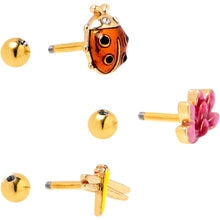 Load image into Gallery viewer, 16G 1/4 Clear Gem Gold Tone Ladybug Lotus Cartilage Set of 3