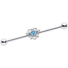 Load image into Gallery viewer, 14G Blue Clear CZ Gem Heart Pair Industrial Barbell 38mm
