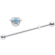 Load image into Gallery viewer, 14G Blue Clear CZ Gem Heart Pair Industrial Barbell 38mm