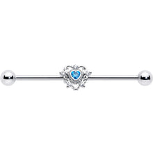Load image into Gallery viewer, 14G Blue Clear CZ Gem Heart Pair Industrial Barbell 38mm