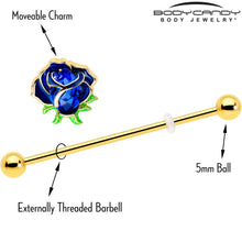 Load image into Gallery viewer, 14G Blue Gem Gold Tone Deep Blue Flower Industrial Barbell 38mm