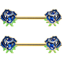 Load image into Gallery viewer, 14G 9/16 Blue Gem Gold Hue Deep Blue Flower Barbell Nipple Ring Set