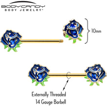 Load image into Gallery viewer, 14G 9/16 Blue Gem Gold Hue Deep Blue Flower Barbell Nipple Ring Set