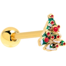 Load image into Gallery viewer, Gold Tone Snowy Christmas Tree Holiday Barbell Tongue Ring