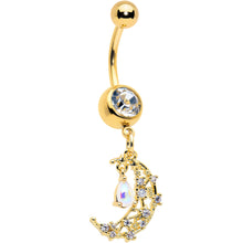 Load image into Gallery viewer, Clear White Gem Gold Tone Constellation Moon Dangle Belly Ring