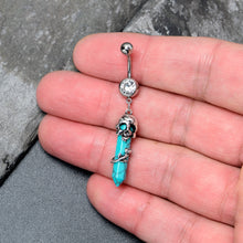 Load image into Gallery viewer, Blue Turquoise Skull Obelisk Rose Dangle Belly Ring