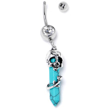 Load image into Gallery viewer, Blue Turquoise Skull Obelisk Rose Dangle Belly Ring