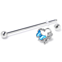 Load image into Gallery viewer, 14G Clear Gem Butterfly Flower Blue Industrial Barbell 38mm