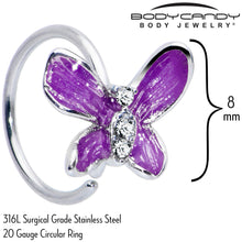 Load image into Gallery viewer, 20G 5/16 Clear Gem Chunky Butterfly Purple Nose Hoop