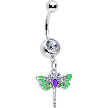 Load image into Gallery viewer, Green Clear Gem Bright Dragonfly Blue Dangle Belly Ring