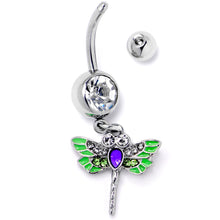 Load image into Gallery viewer, Green Clear Gem Bright Dragonfly Blue Dangle Belly Ring