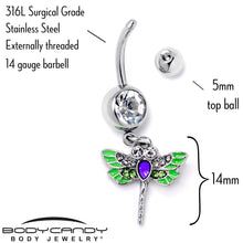 Load image into Gallery viewer, Green Clear Gem Bright Dragonfly Blue Dangle Belly Ring