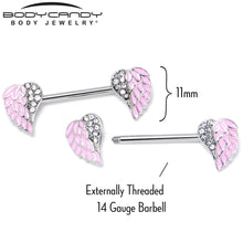 Load image into Gallery viewer, 14G 9/16 Clear Gem Heavenly Heart Angel Wing Pink Nipple Ring Set
