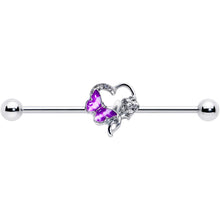 Load image into Gallery viewer, 14G Clear Gem Butterfly Rose Flower Purple Industrial Barbell 38mm