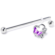 Load image into Gallery viewer, 14G Clear Gem Butterfly Rose Flower Purple Industrial Barbell 38mm