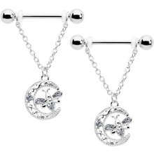 Load image into Gallery viewer, 14G 9/16 Clear Gem Lunar Dragonfly Chain Dangle Nipple Ring Set