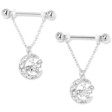 Load image into Gallery viewer, 14G 9/16 Clear Gem Lunar Dragonfly Chain Dangle Nipple Ring Set