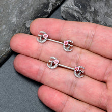 Load image into Gallery viewer, 14G 9/16 Clear Gem Rabbit On Moon Flower Pink Nipple Ring Set