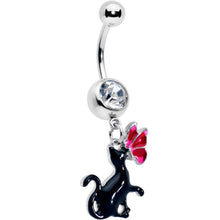 Load image into Gallery viewer, Clear Gem Butterfly Black Cat Dangle Belly Ring