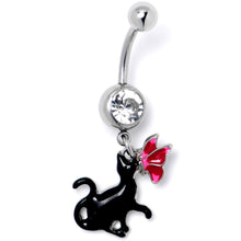 Load image into Gallery viewer, Clear Gem Butterfly Black Cat Dangle Belly Ring