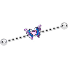 Load image into Gallery viewer, 14G Pink Gem Heart Butterfly Purple Industrial Barbell 38mm