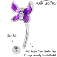 Load image into Gallery viewer, 16G 5/16 Clear Gem Chunky Butterfly Purple Curved Eyebrow Ring
