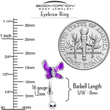 Load image into Gallery viewer, 16G 5/16 Clear Gem Chunky Butterfly Purple Curved Eyebrow Ring