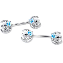 Load image into Gallery viewer, 14G 9/16 Clear Gem Rabbit On Moon Flower Blue Nipple Ring Set