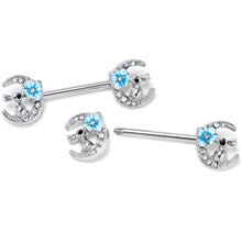 Load image into Gallery viewer, 14G 9/16 Clear Gem Rabbit On Moon Flower Blue Nipple Ring Set