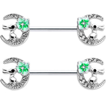 Load image into Gallery viewer, 14G 9/16 Clear Gem Rabbit On Moon Flower Green Nipple Ring Set