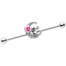 Load image into Gallery viewer, 14G Clear Gem Rabbit On Moon Flower Pink Industrial Barbell 38mm