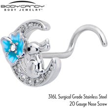 Load image into Gallery viewer, 20G 7mm Clear CZ Gem Rabbit On The Moon Blue Left Side Nose Screw