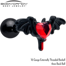 Load image into Gallery viewer, 16G 1/4 Red Gem Black Bleeding Heart Bat Cartilage Tragus Earring