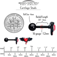 Load image into Gallery viewer, 16G 1/4 Red Gem Black Bleeding Heart Bat Cartilage Tragus Earring