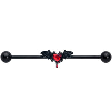 Load image into Gallery viewer, 14G Red Gem Black Bleeding Heart Bat Industrial Barbell 38mm