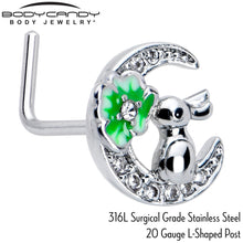 Load image into Gallery viewer, 20G 7mm Clear CZ Gem Rabbit On The Moon Green L Shape Nose Ring