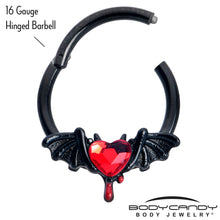 Load image into Gallery viewer, 16G 3/8 Red Gem Black Bleeding Heart Bat Hinged Segment Ring