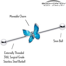 Load image into Gallery viewer, 14G Clear Gem Chunky Butterfly Blue Industrial Barbell 38mm