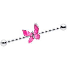 Load image into Gallery viewer, 14G Clear Gem Chunky Butterfly Pink Industrial Barbell 38mm