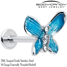 Load image into Gallery viewer, 16G 5/16 Clear Gem Chunky Butterfly Blue Labret Monroe Tragus