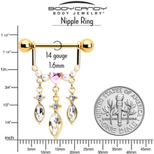 Load image into Gallery viewer, 14G 9/16 Pink Gem Gold Tone Heart Triple Dangle Nipple Ring Set