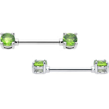 Load image into Gallery viewer, 14G 9/16 Green CZ Gem August Birthstone Nipple Ring Set
