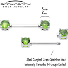 Load image into Gallery viewer, 14G 9/16 Green CZ Gem August Birthstone Nipple Ring Set