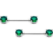 Load image into Gallery viewer, 14G 9/16 Green CZ Gem May Birthstone Nipple Ring Set
