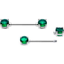 Load image into Gallery viewer, 14G 9/16 Green CZ Gem May Birthstone Nipple Ring Set